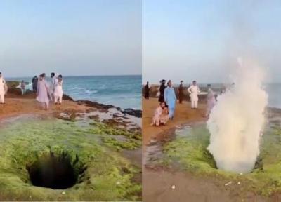 ببینید: لحظه هیجان انگیز آبفشان در ساحل چابهار، ویدیو